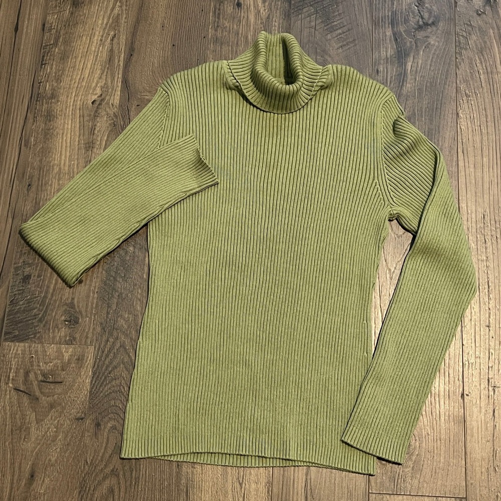 Chico's Silk Cotton Blend Ribbed Turtleneck Sweater Olive Green Size 2 Large